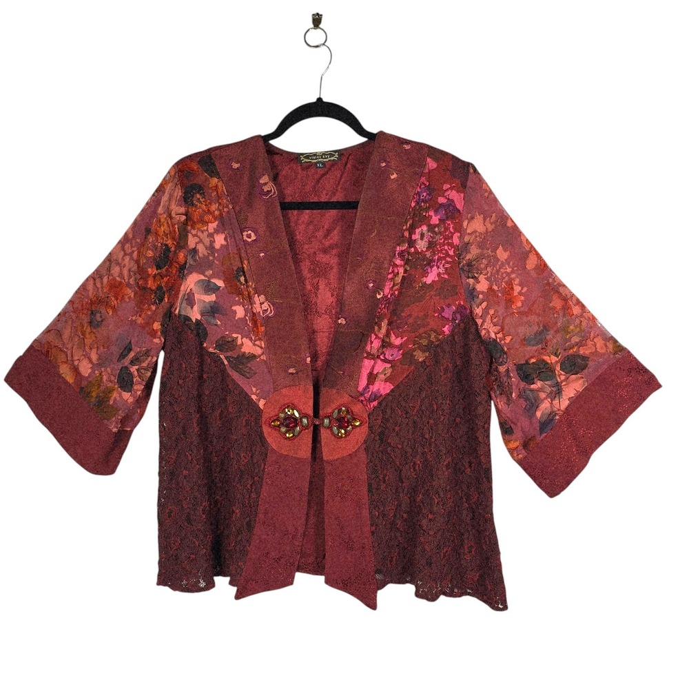 Vintage Violet Kay Women XL Burgundy Silk Blend Lace Floral Beaded Kimono Jacket